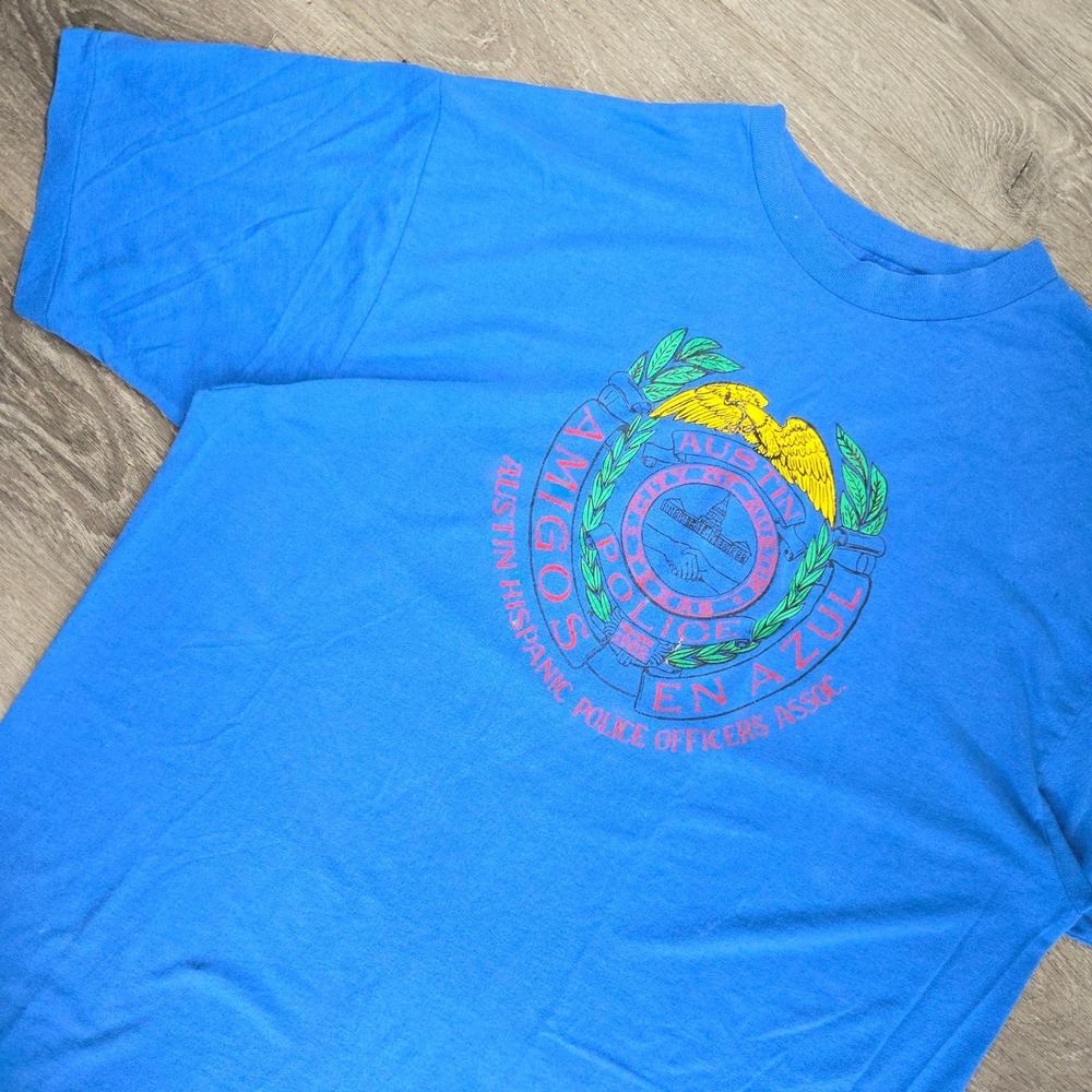 VTG Austin Police Amigos En Azul Men XL T Shirt Blue Single Stitch USA 1990s EUC